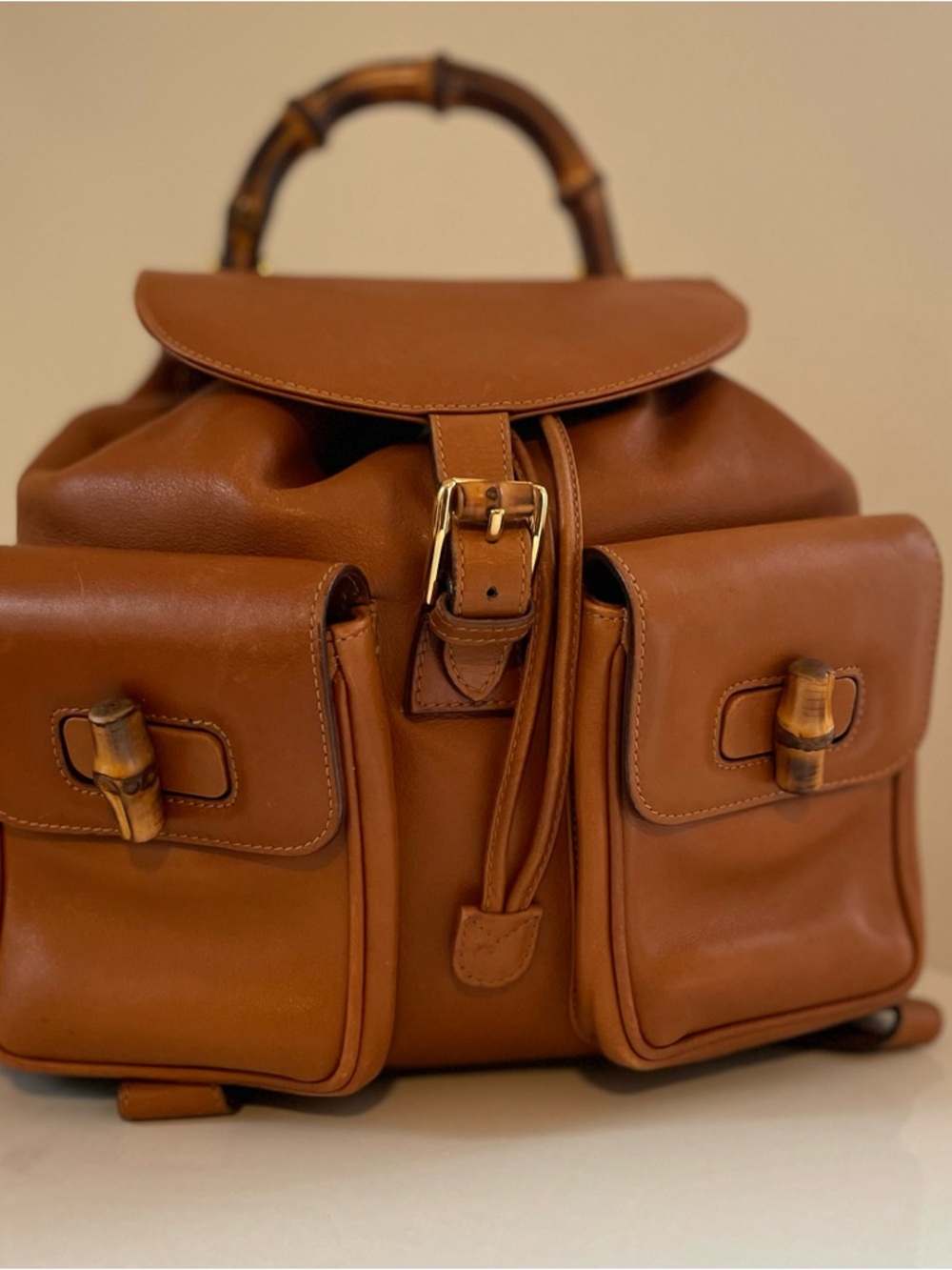 Gucci Bamboo Leather Backpack • Vintage • Tan Leather • Top Handle